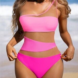 Stylish Pink One-Shoulder mesh cutout Swimsuit